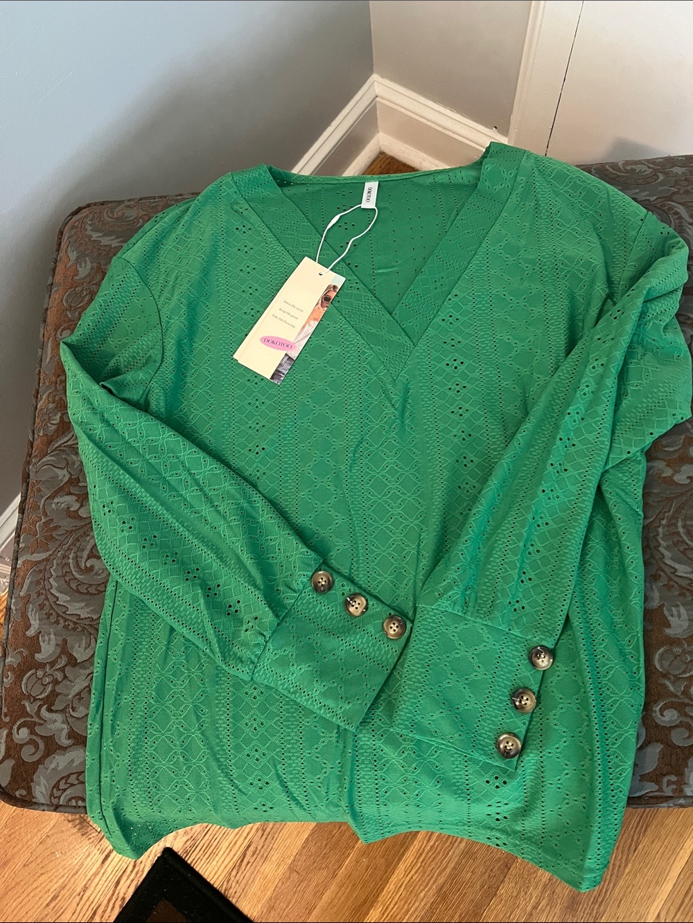 Emerald Green Eyelet V-Neck Sweater with Brown Buttons